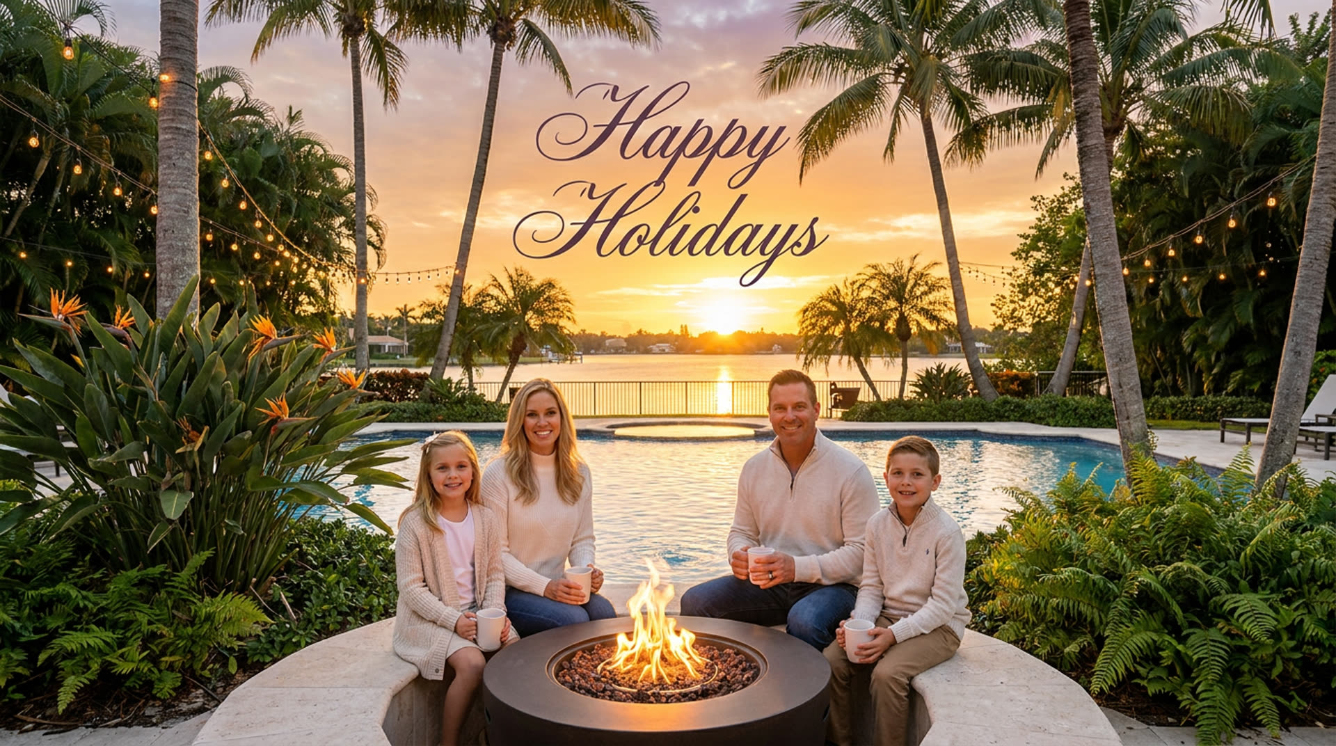 A family enjoying the holidays by a glowing backyard pool
